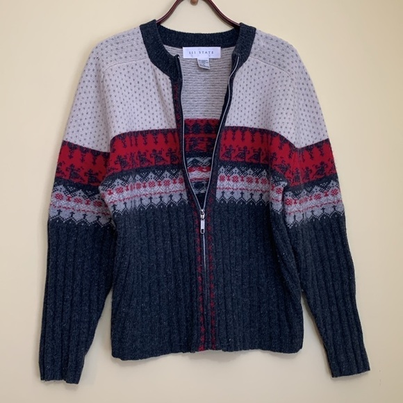 111 State Gray Full Zip Fair Isle Lambswool Angora Blend Knit Cardigan Sweater L - Picture 1 of 17